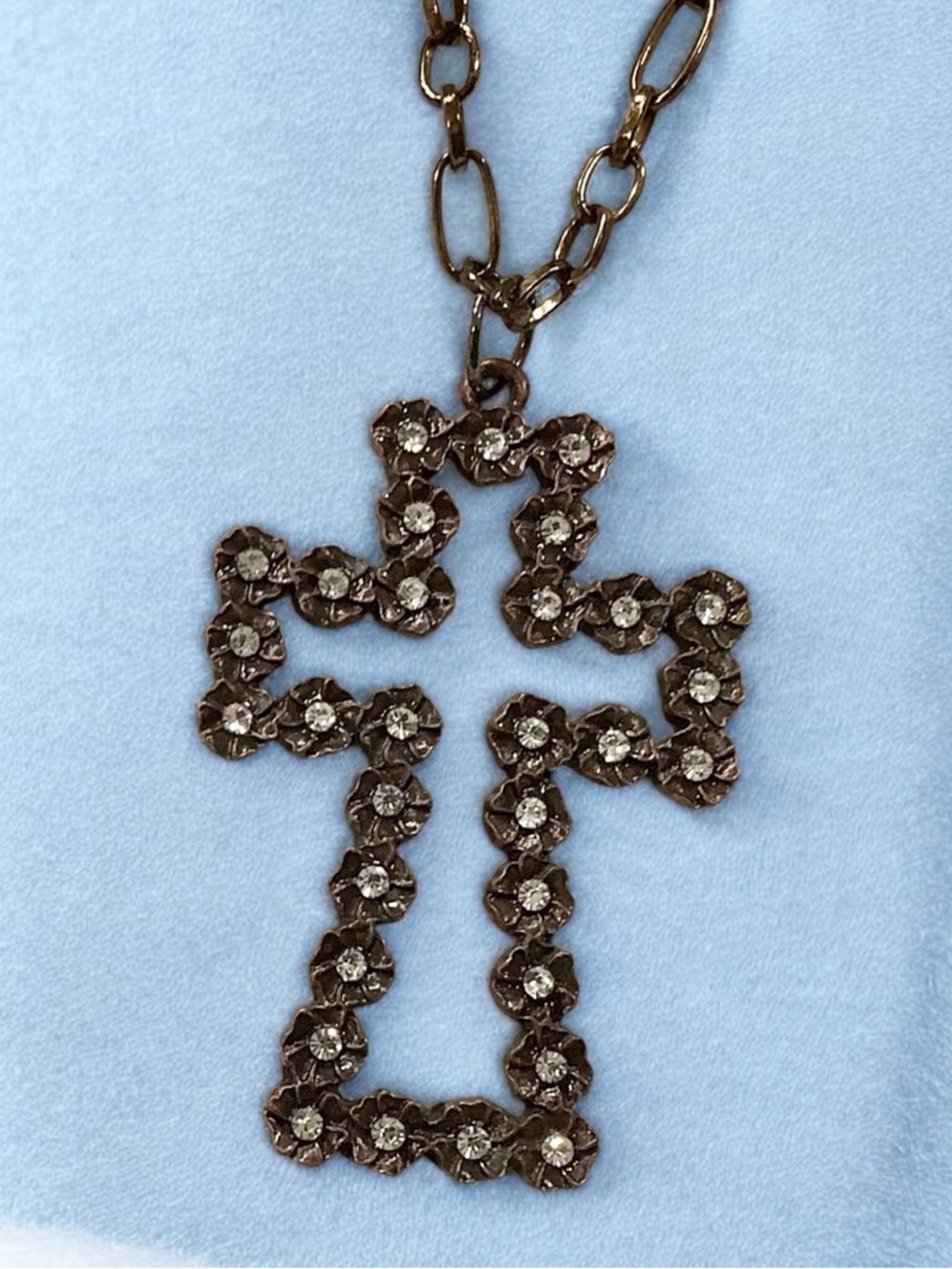 Unique Bronze Cross Pendant Necklace With Silver Crystal Accents. NWT - Picture 1 of 6
